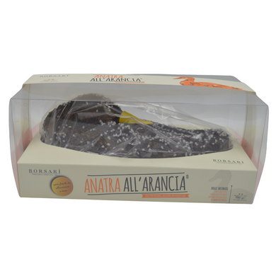 Duck shaped panettone filled with orange cream covered in chocolate and sugar crystals